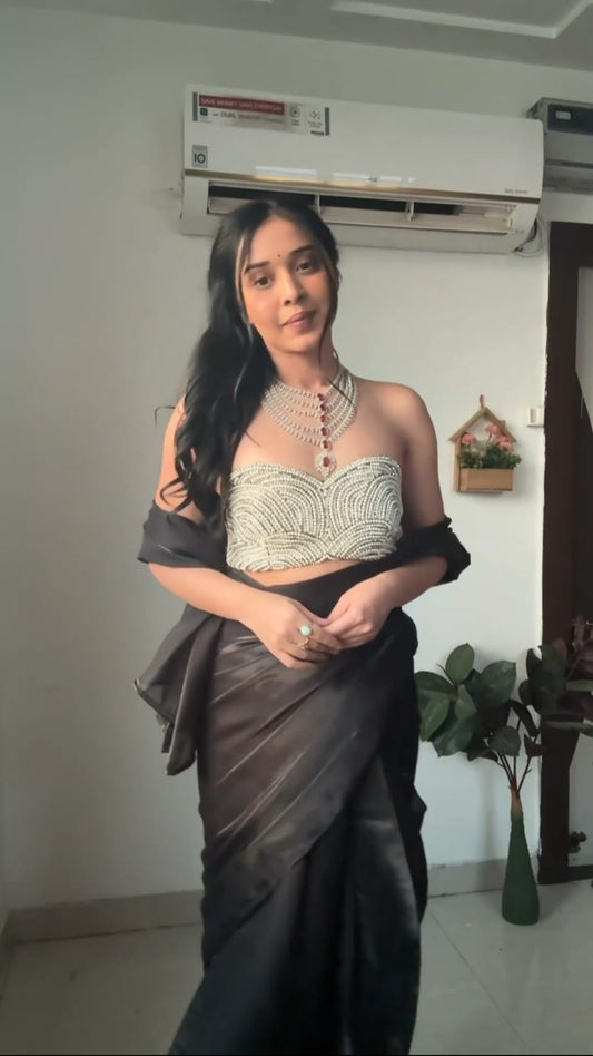 Black Color Ready To Wear Saree With Amazing Blouse