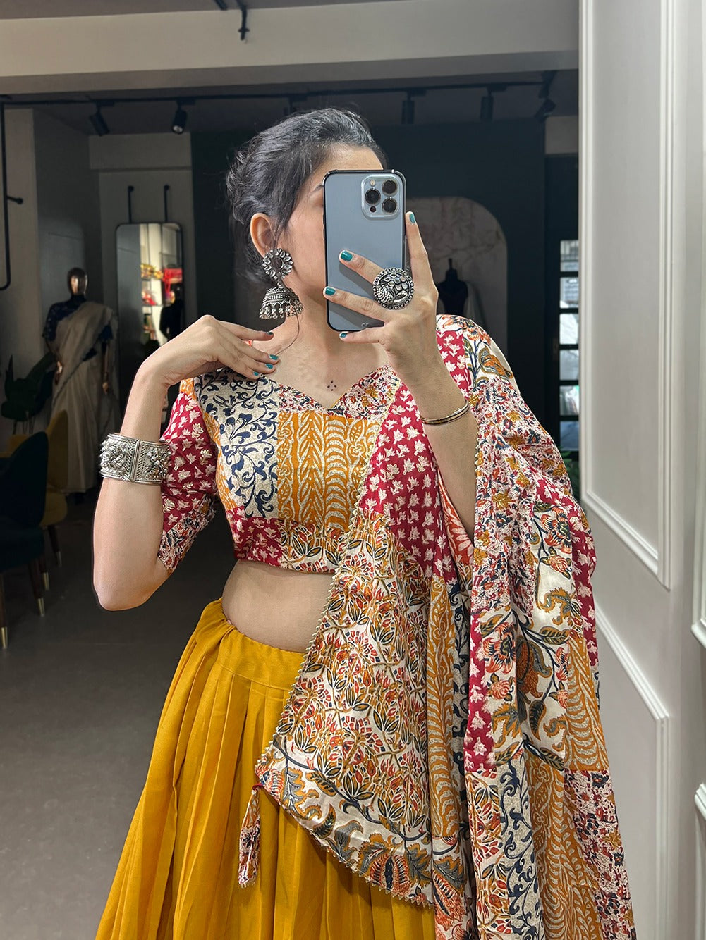 Decent Printed Blouse And Dupatta With Yellow Lehenga