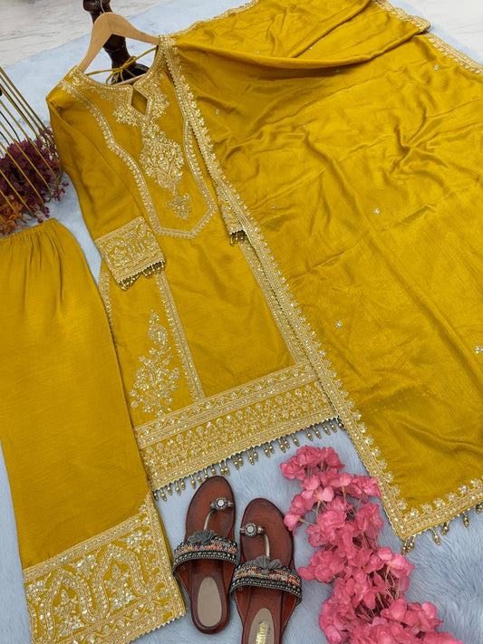 Beautiful Embroidery Sequence Work Yellow Color Anarkali Suit