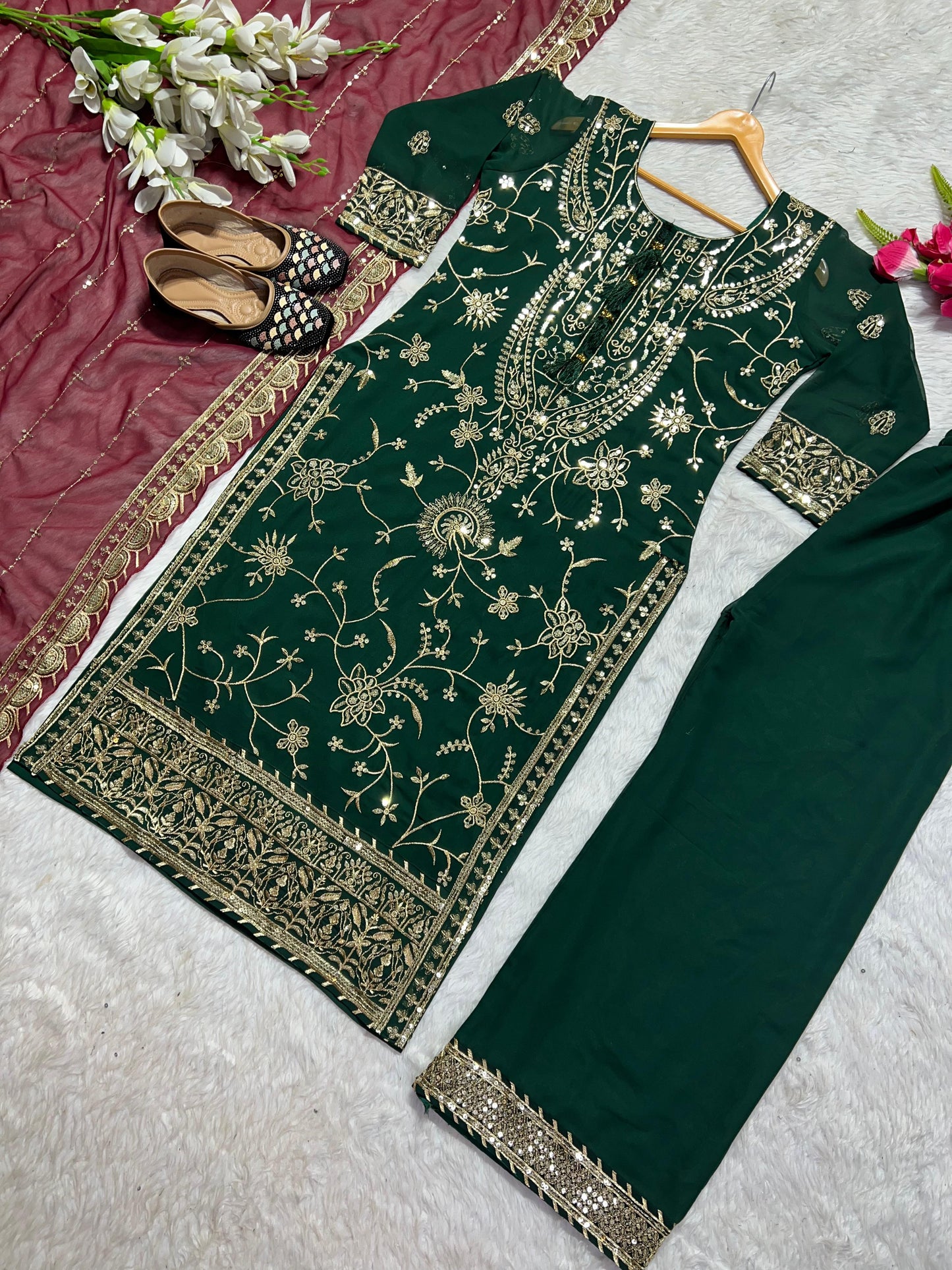 Green Color Palazzo Suit With Maroon Dupatta