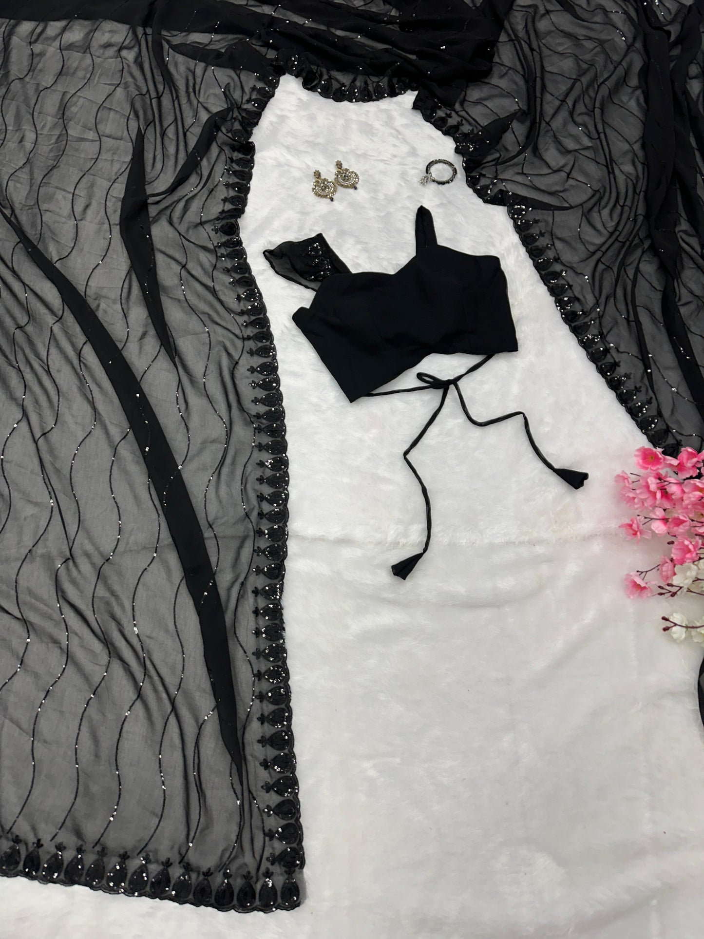 Black Color Sequence Work With Border Saree