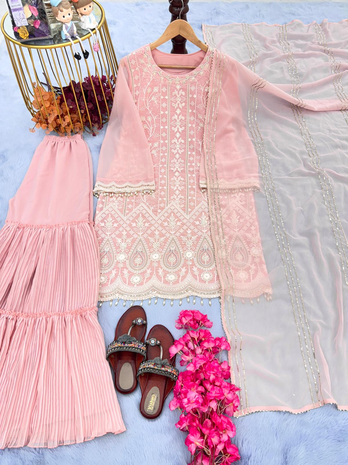 Eyes Catching Peach Color Crush Sharara Set