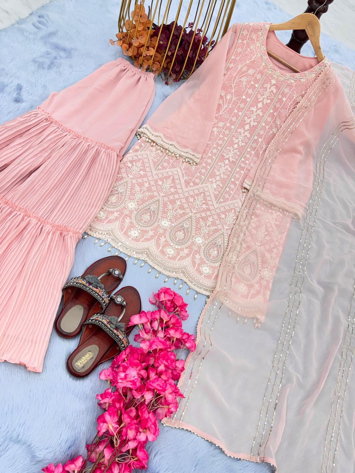 Eyes Catching Peach Color Crush Sharara Set