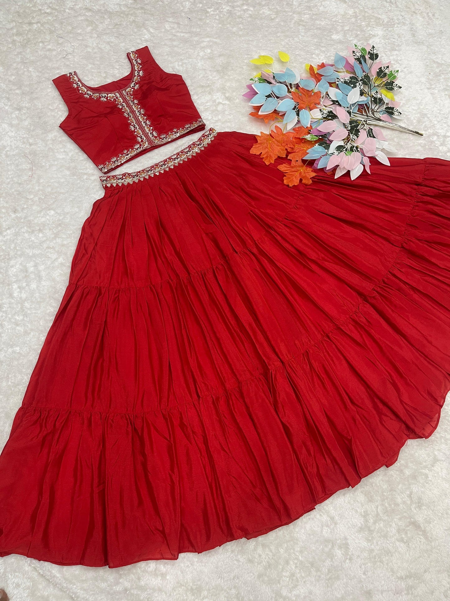 Thread Work Red Color Lehenga Choli With Bandhej Shrug