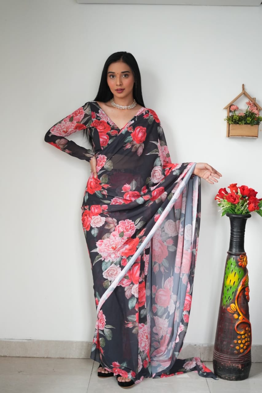 Beautiful Black Color Rose Design Ready To Wear Saree