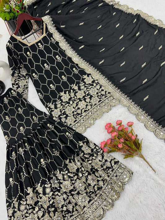 Gorgeous Embroidery Sequence Work Black Color Sharara Suit