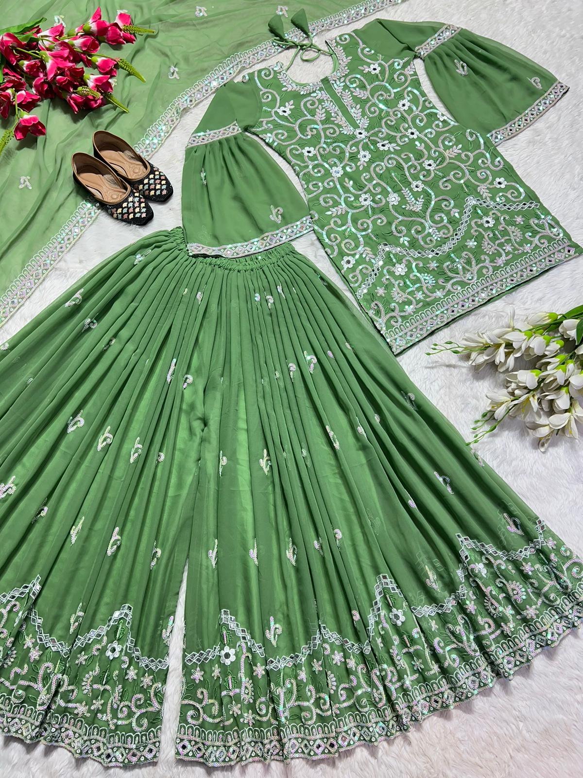 Mirror Hand Work Green Color Sharara Suit