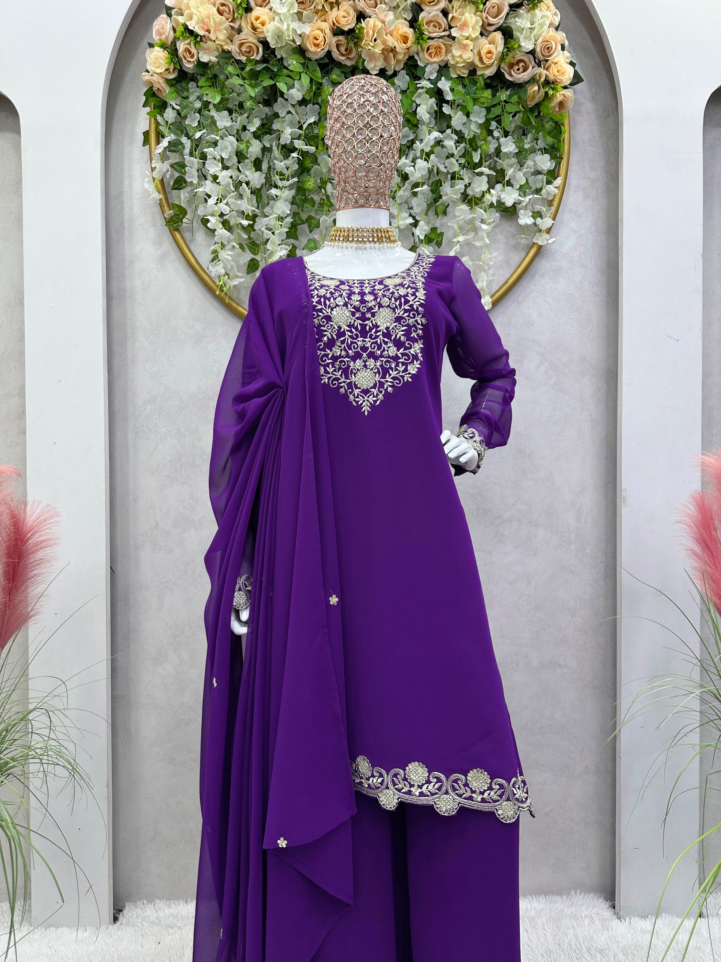 Fabulous Thread Work Purple Color Sharara Suit