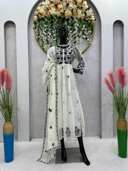 Captivating Thread With Sequences Work White Color Anarkali Suit