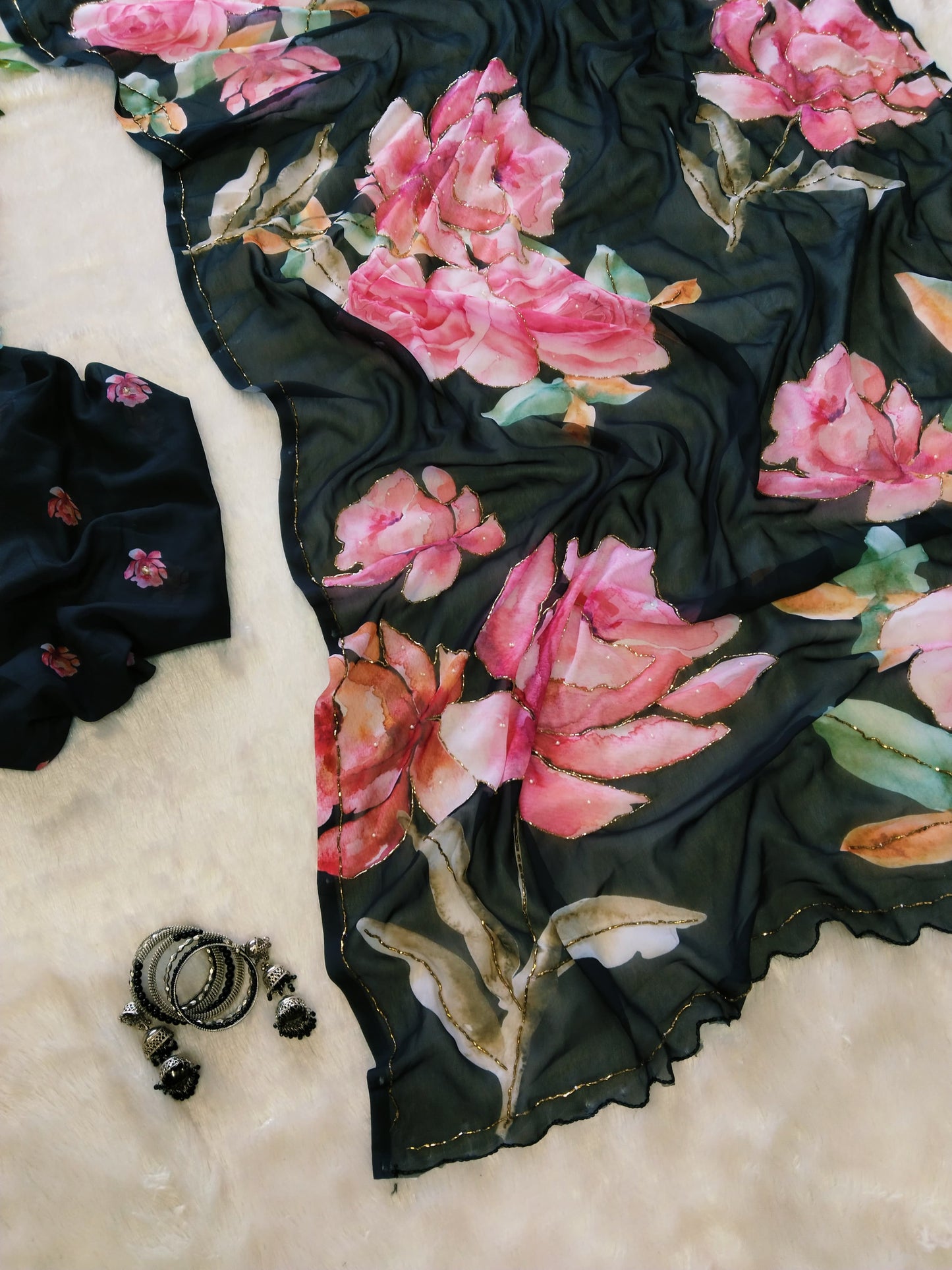Shining Beautiful Floral Print Black Color Saree