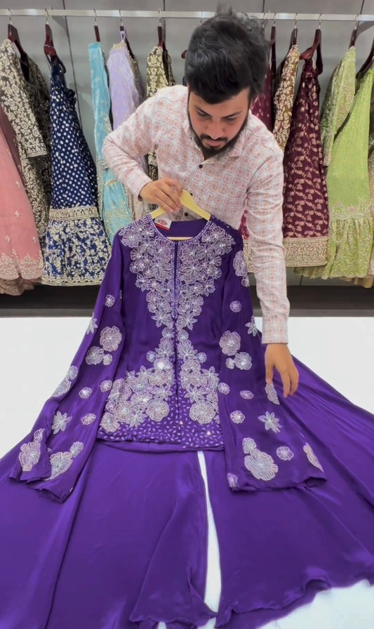 Beautiful Thread With Peral Work Purple Sharara Suit.