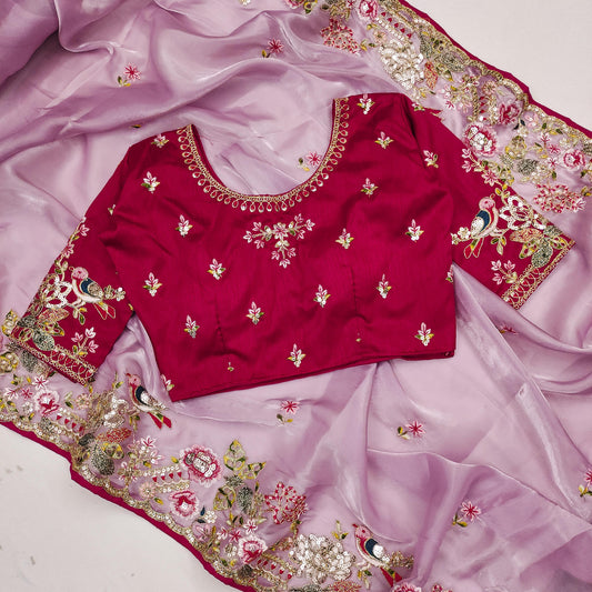 Captivating Embroidery Multi Treads Onion Color Saree