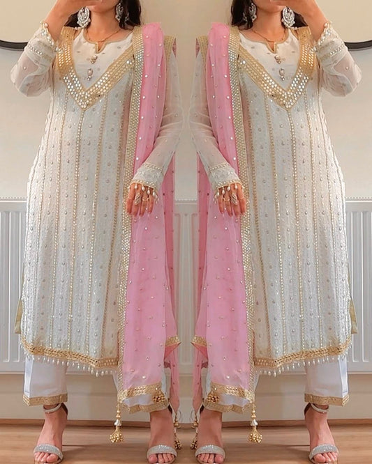 Terrific Embroidered White Salwar Suit With Pink Dupatta
