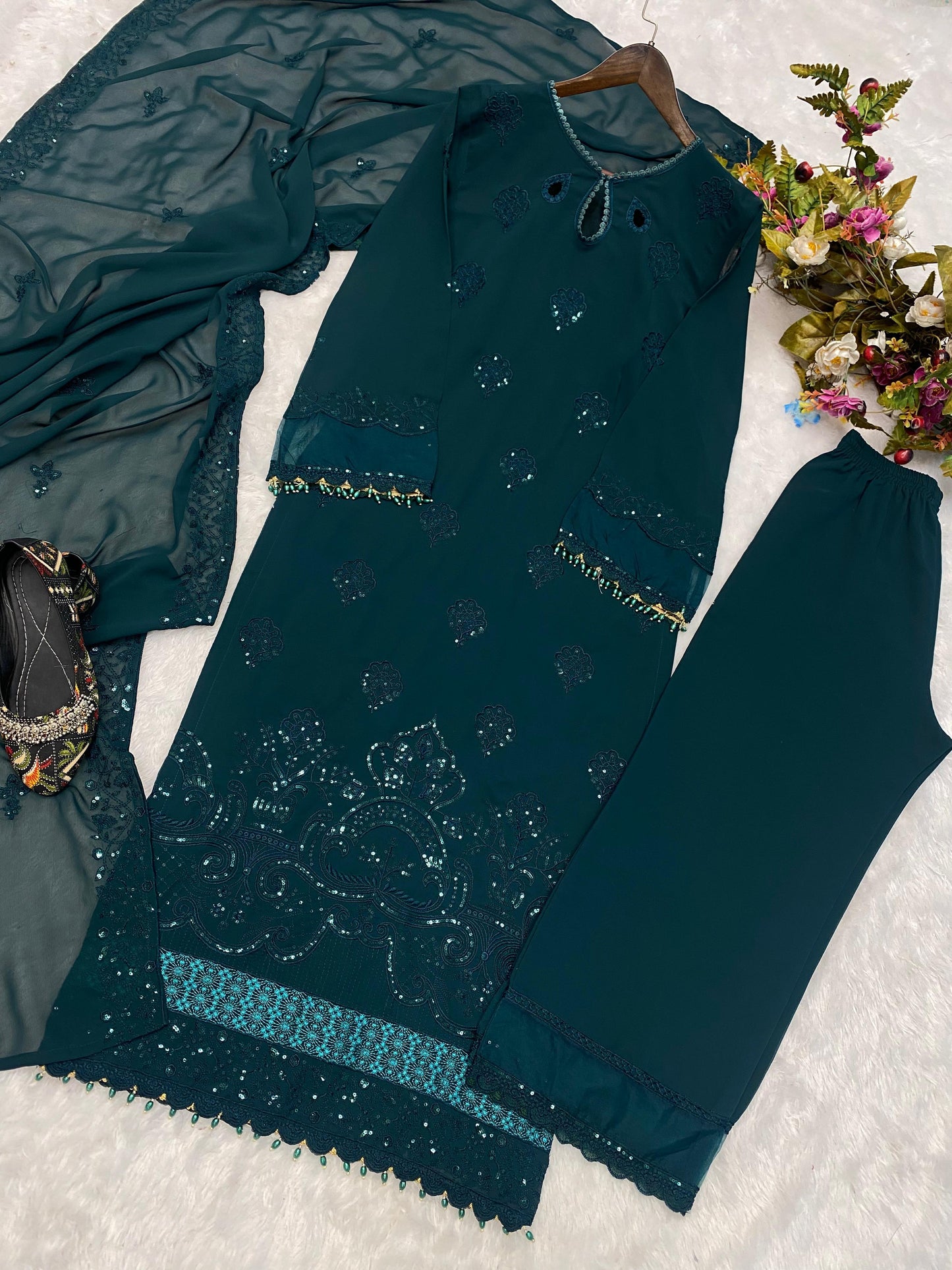 Teal Blue Color Work Kurti Pant With Dupatta