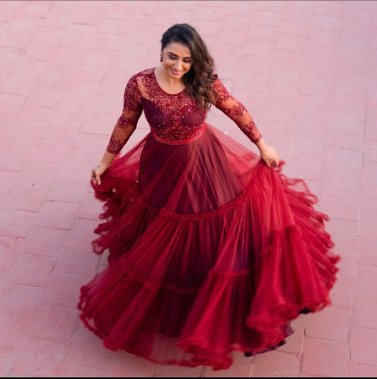 Captivating Embroidery Work Red Color Ruffle Flyer Long Gown