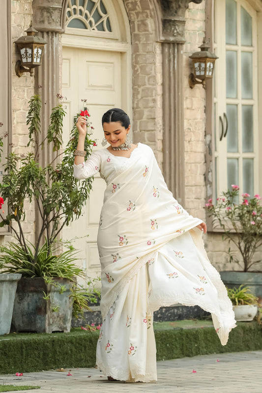 Designer Floral Print With Embroidery Work White Saree