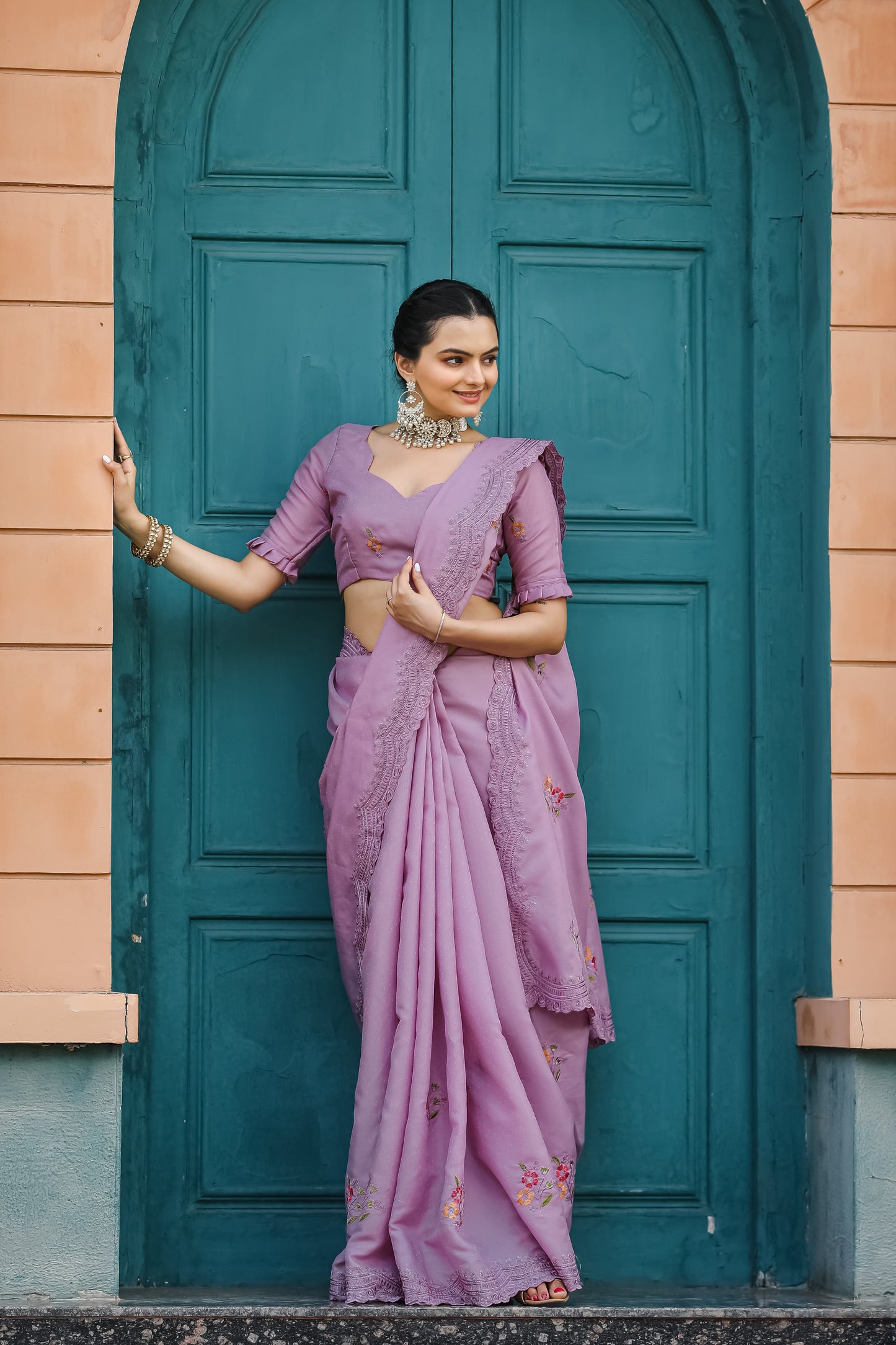 Designer Floral Print With Embroidery Work Purple Saree