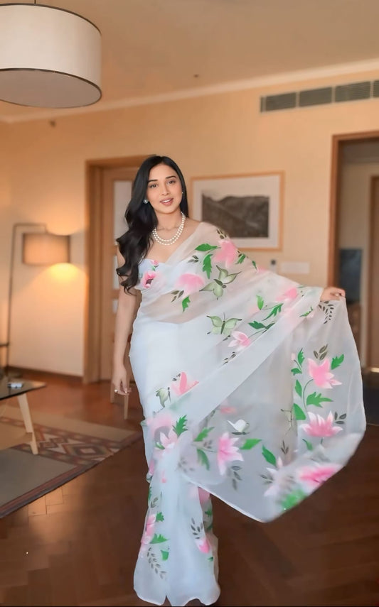 Embellished White Color Flower Digital Print Ready To Wear Sree