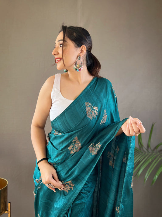 Party Wear Teal Blue Zari Based Embroidery Work Silk Saree