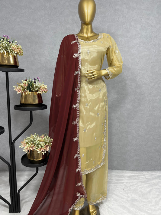 Glimmering Sequences Work Gold Color Anarkali Suit