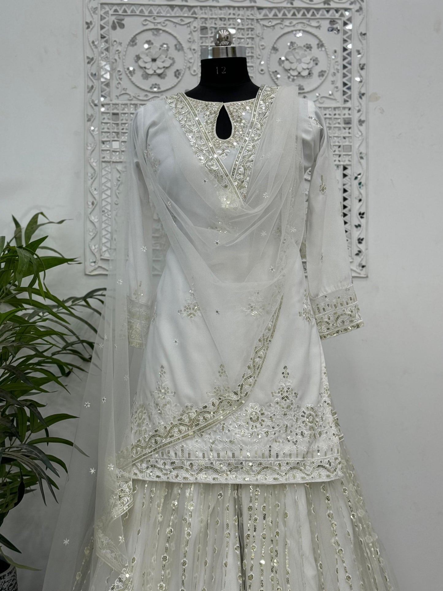 Outstanding Sequins Work White Color Sharara Suit