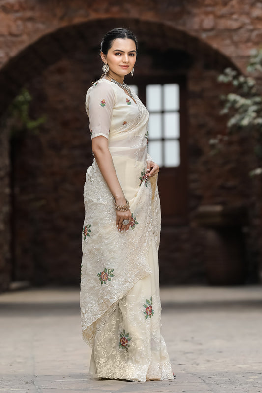 Glimmering Off White Color Embroidery With Cut Work Saree