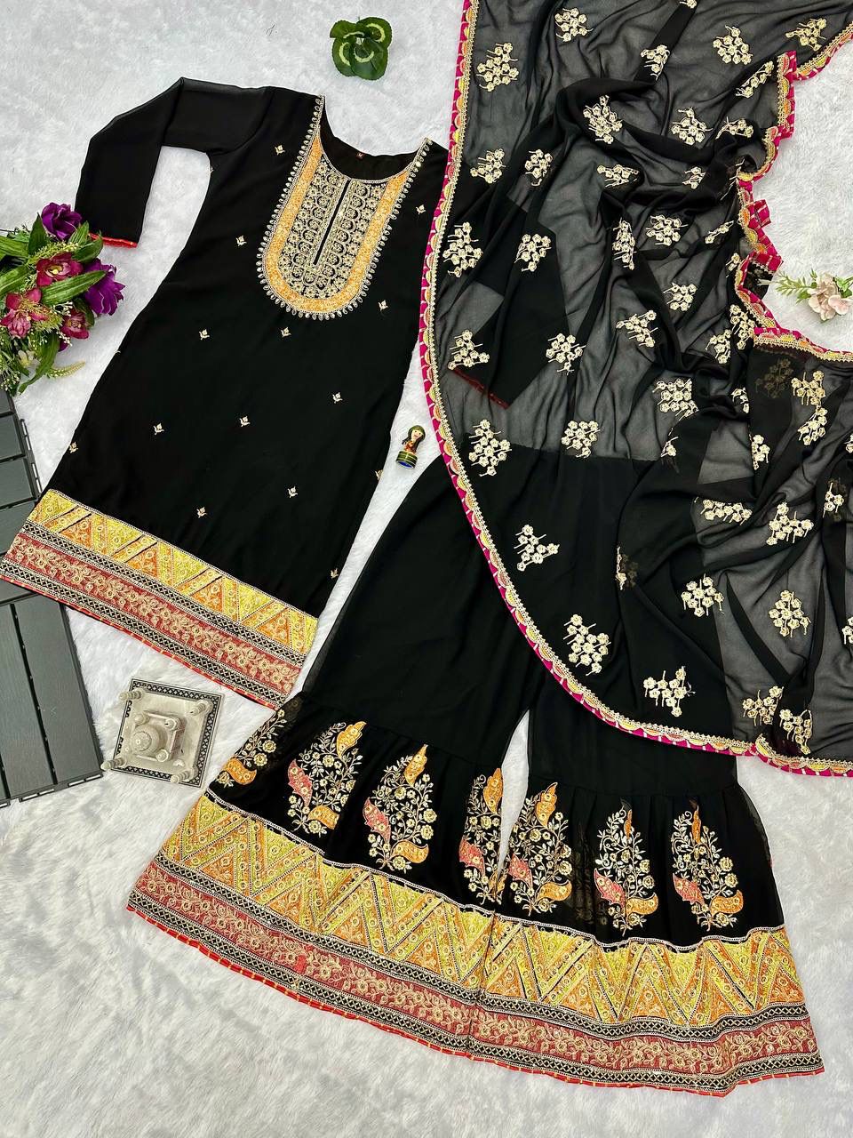Mirror With Embroidery Work Black Color Sharara Suit
