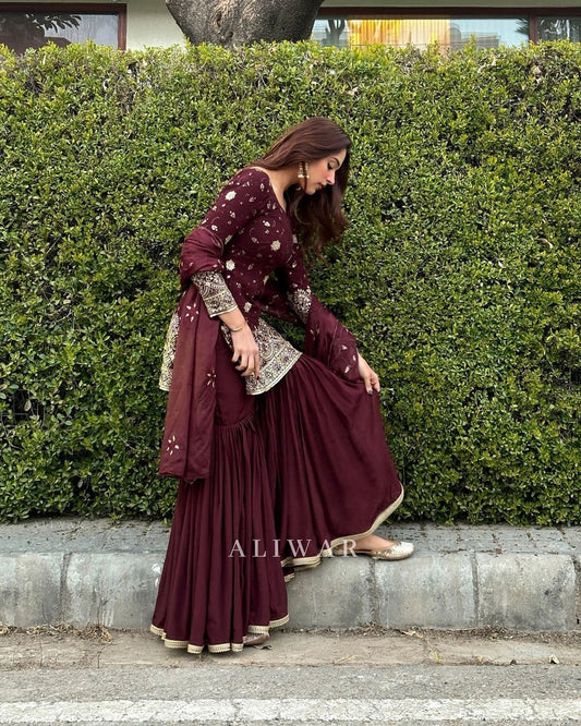 Mesmerizing Embroidery Sequence Work Wine Color Palazzo Suit