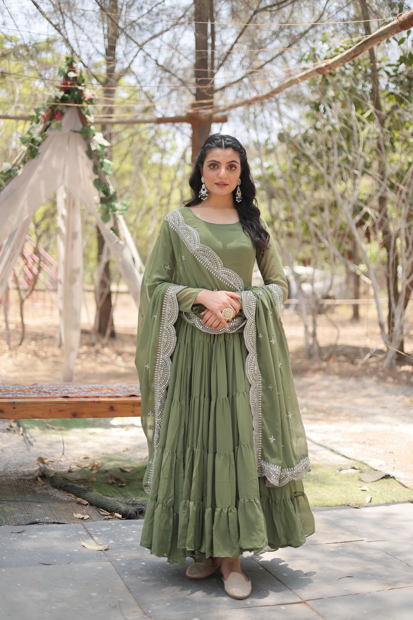 Precious Green Color Ruffle Flare Gown With Heavy Dupatta