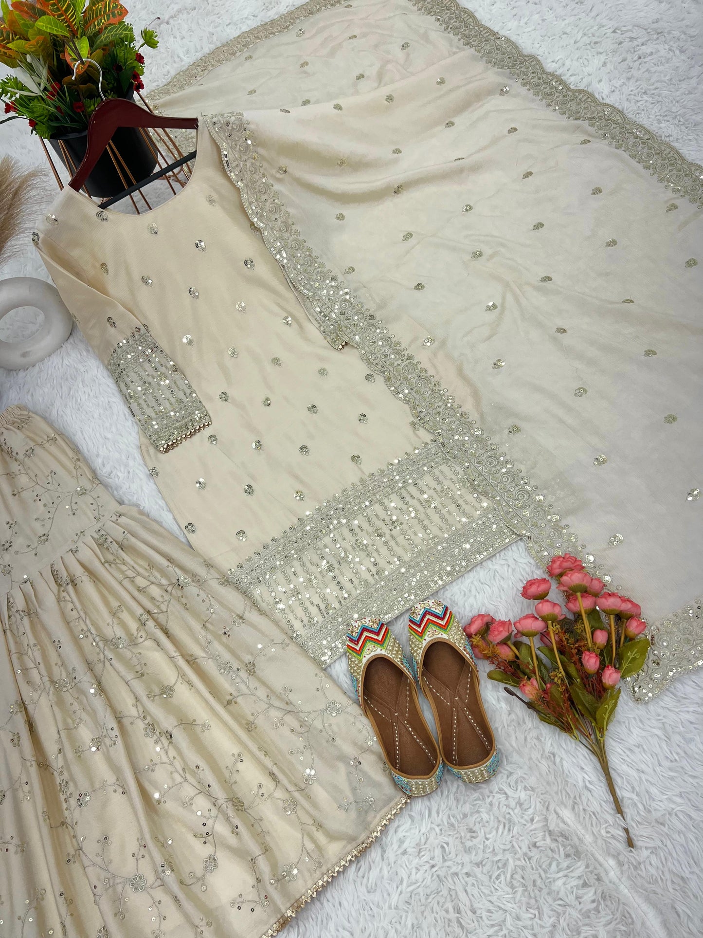 Fantastic Embroidery Work White Pakistani Sharara Suit