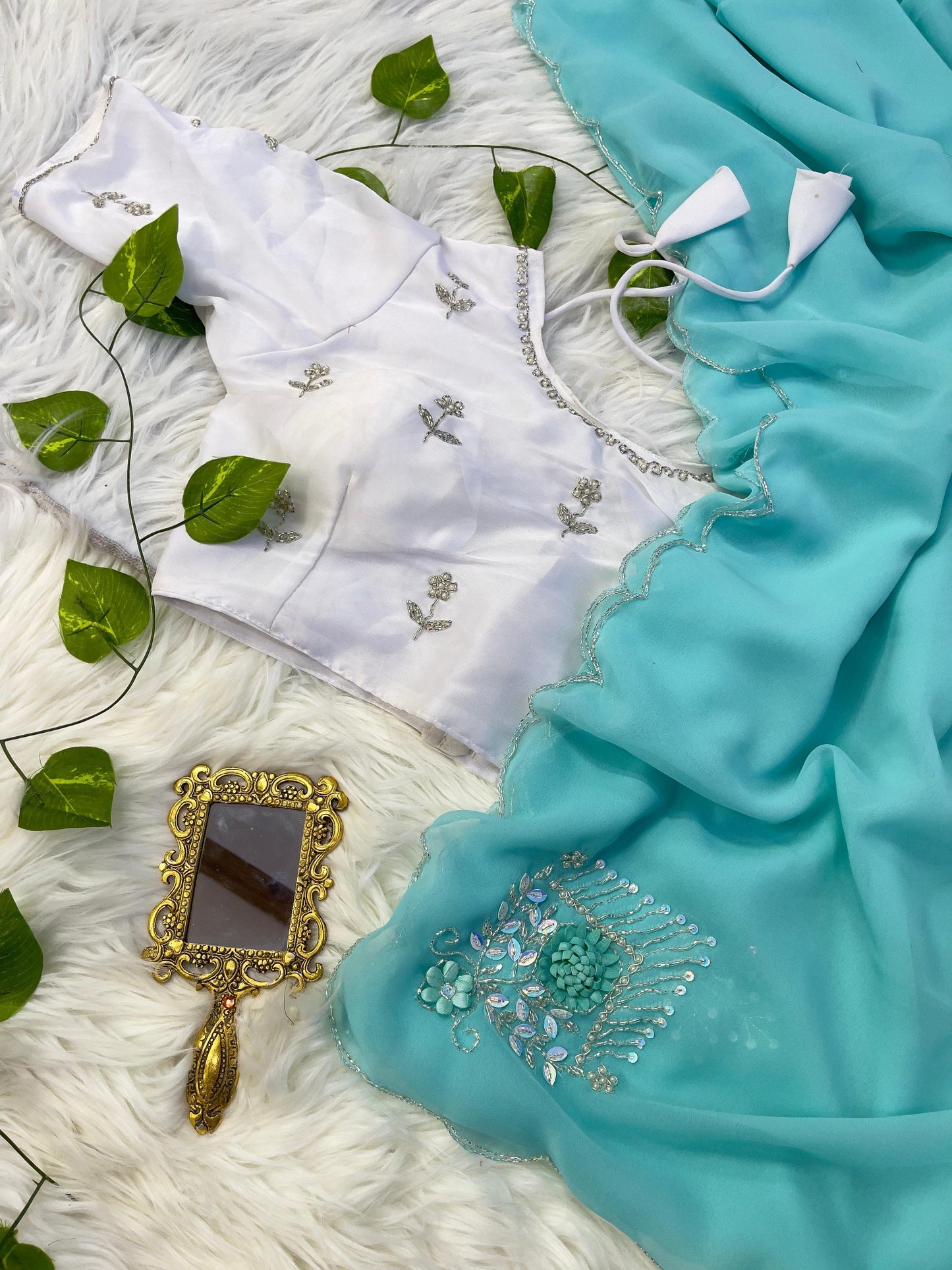 Beautiful Sky Blue Color Hand Work Butta Saree