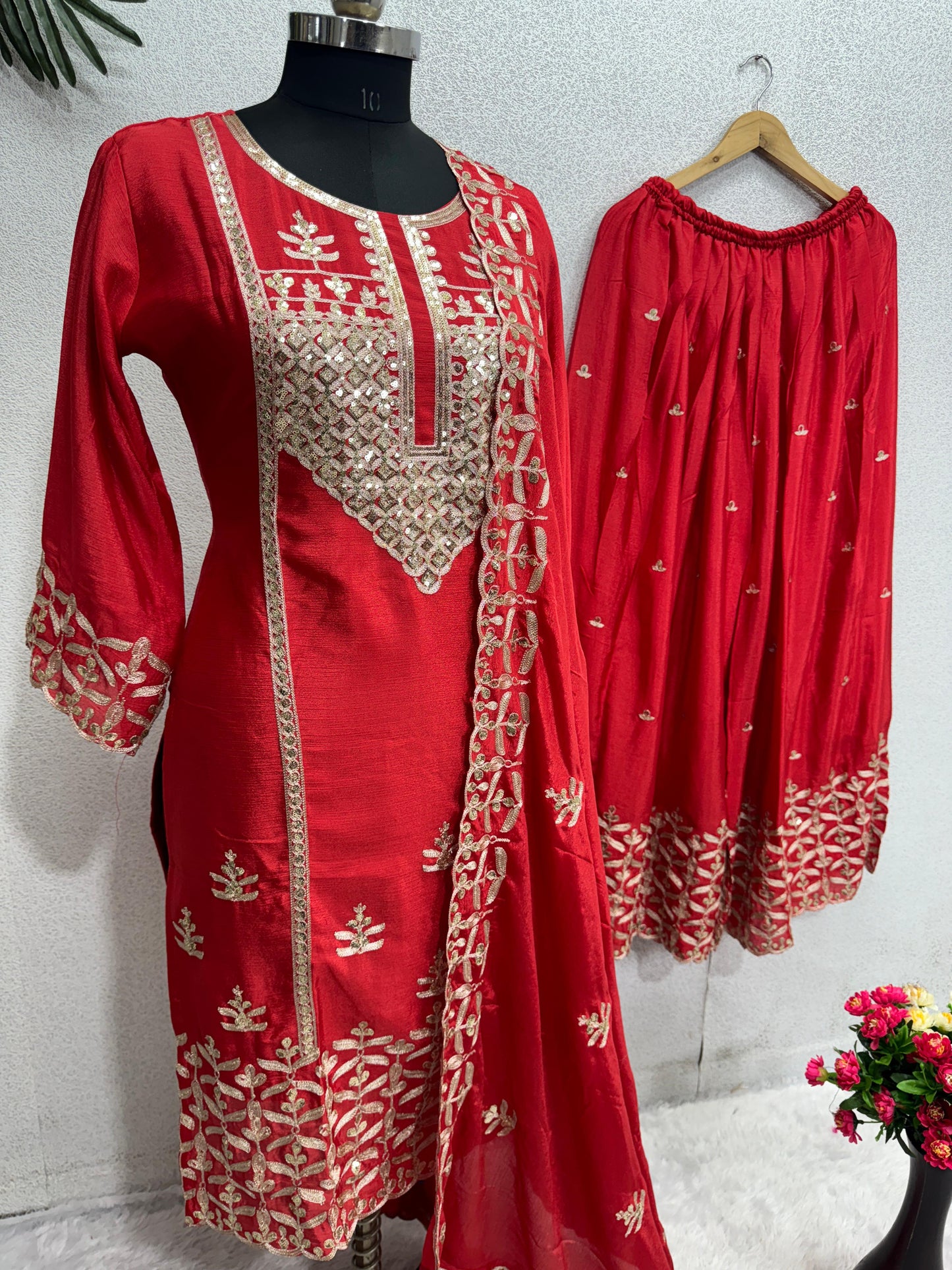 Stylish Red Color Embroidery Work Sharara Suit