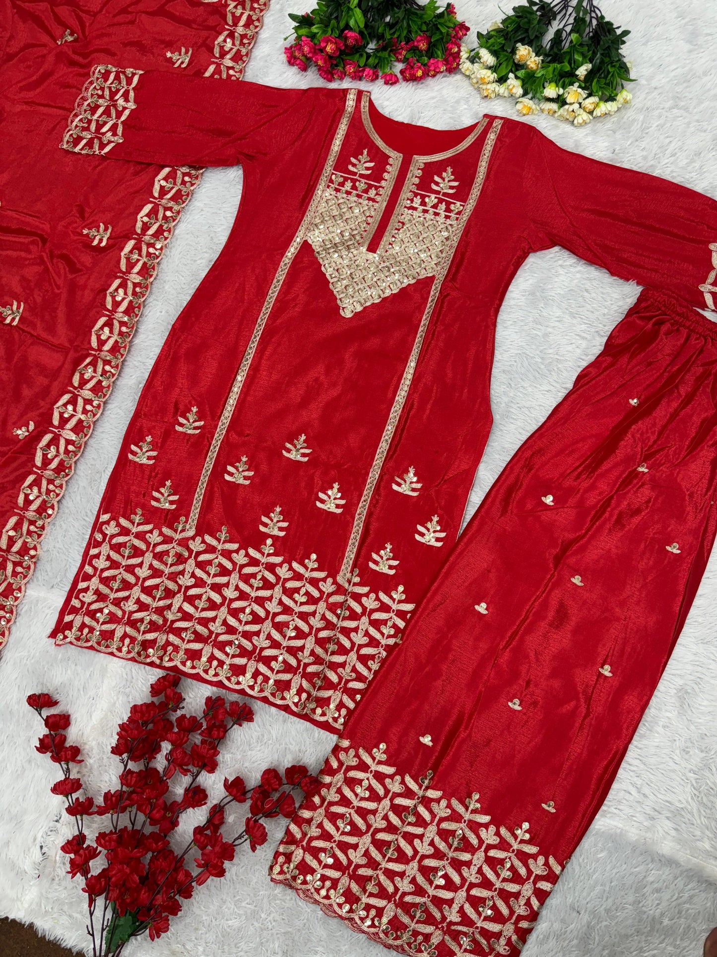 Stylish Red Color Embroidery Work Sharara Suit