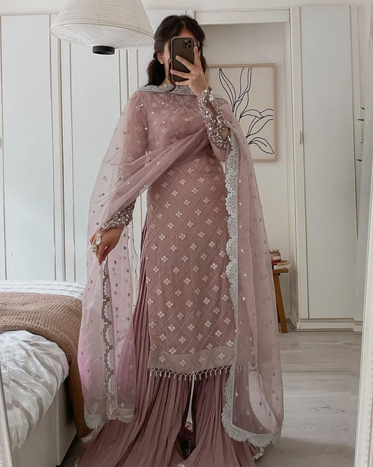 Blissful Sequence Embroidery Peach Color Sharara Suit