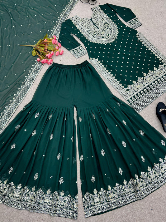 Decent Embroidery Sequence Work Dark Green Color Sharara Suit