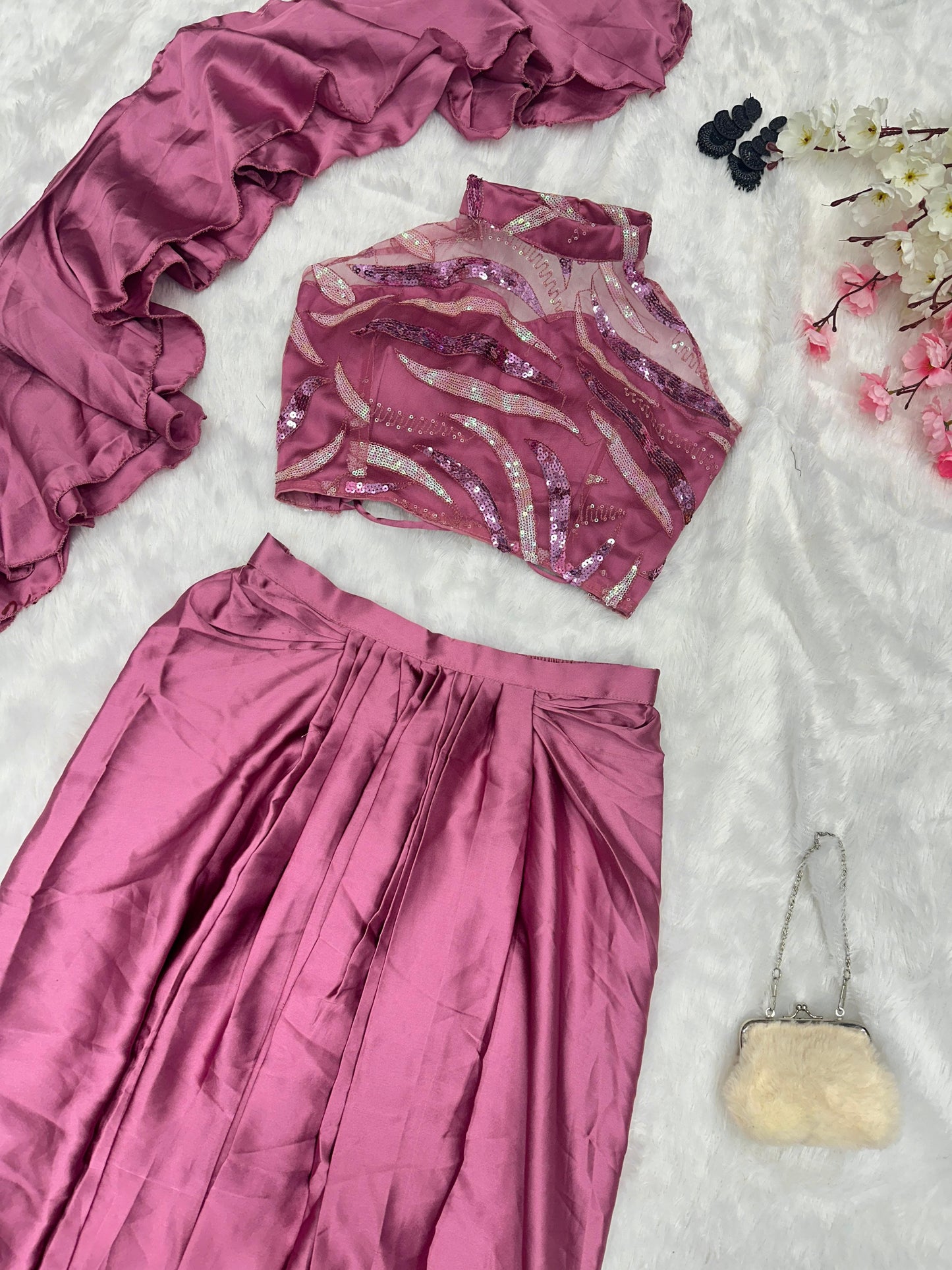Dusty Pink Drape Skirt With Beautiful Pattern Blouse