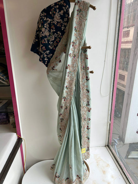 Amazing Piasta Color Chinon Silk Embroidery Work Saree