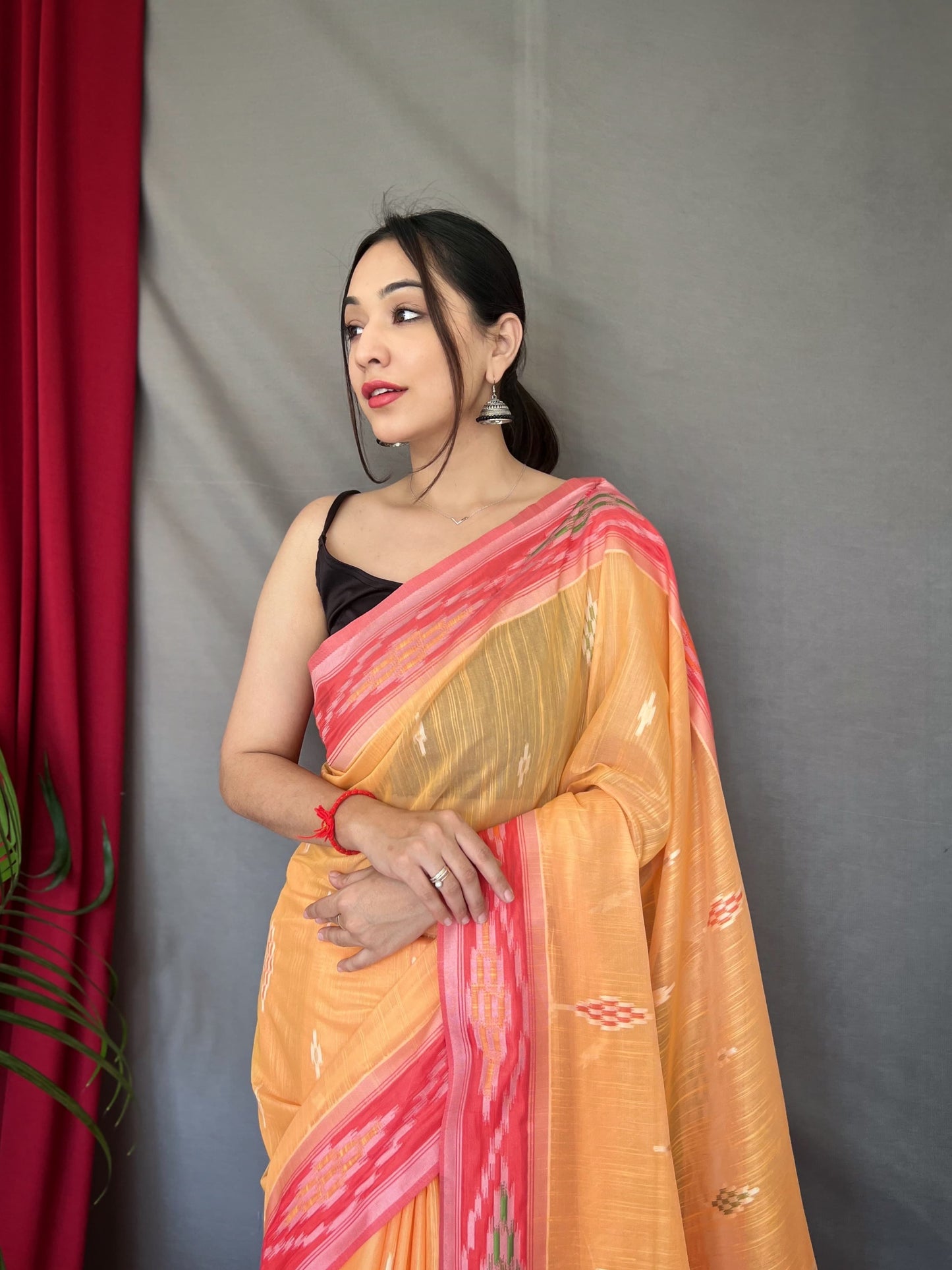 Classy Linen Chap Border Orange Color Saree