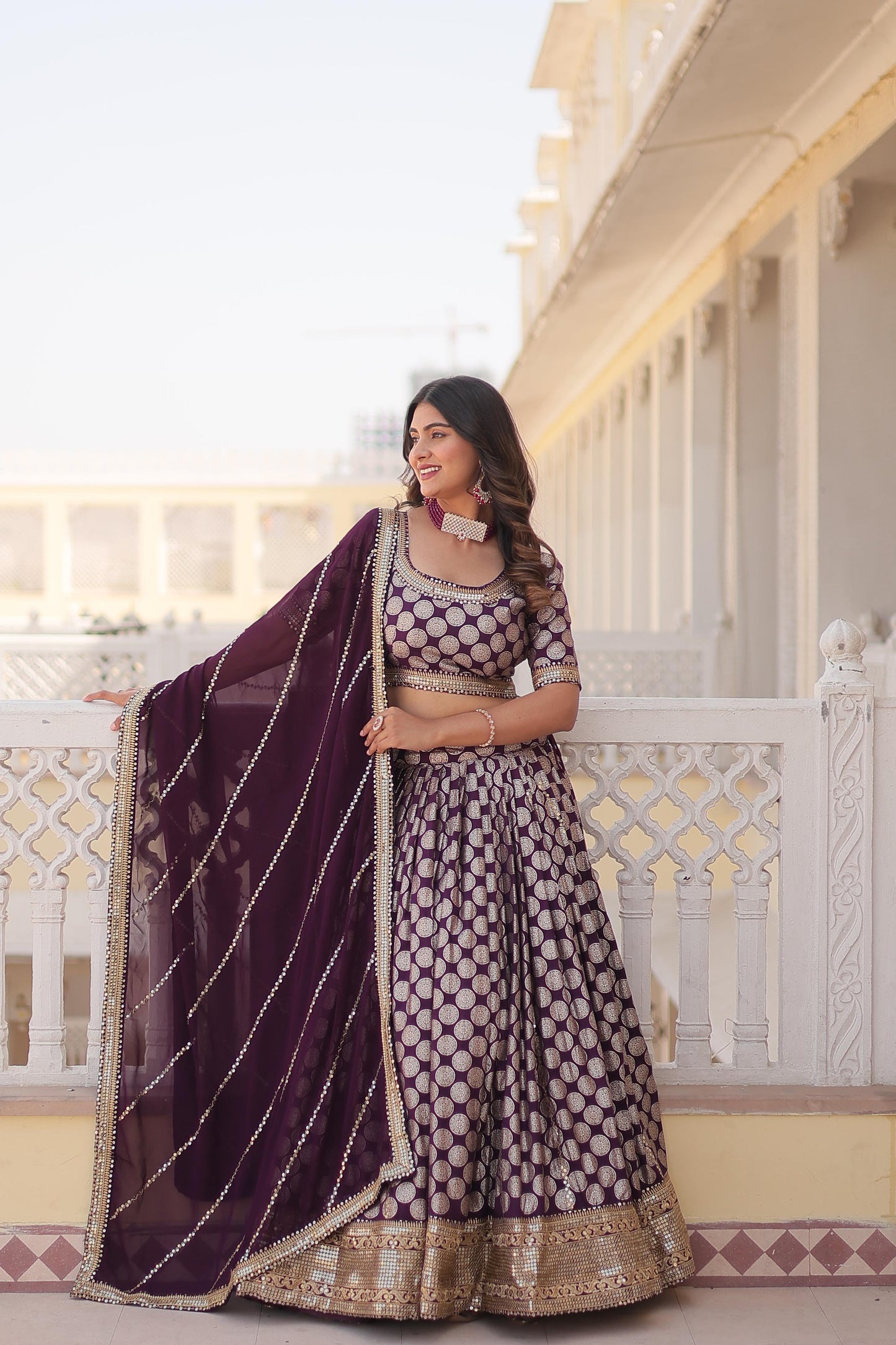 Elegant Jacquard Work Wine Color Lehenga Choli