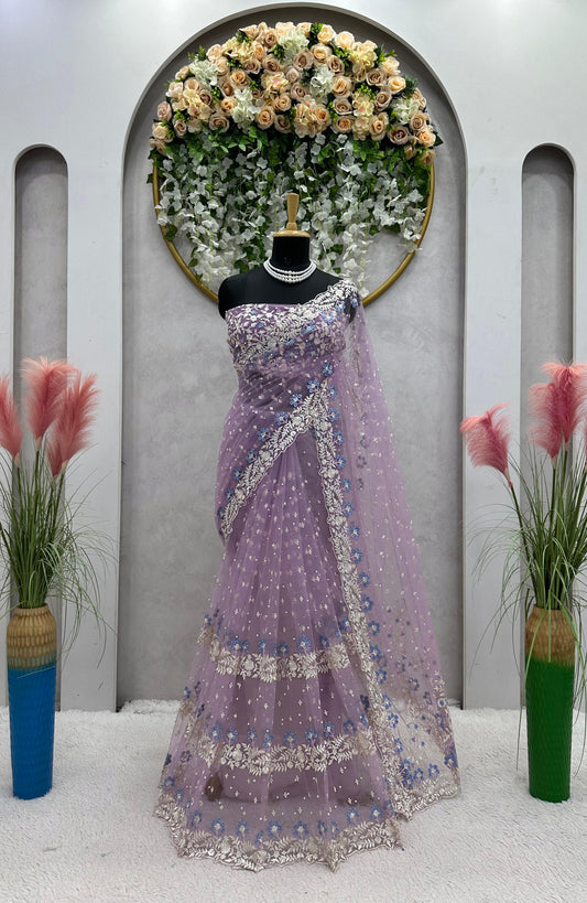 Exclusive Lavender Color Pearl Work Net Saree