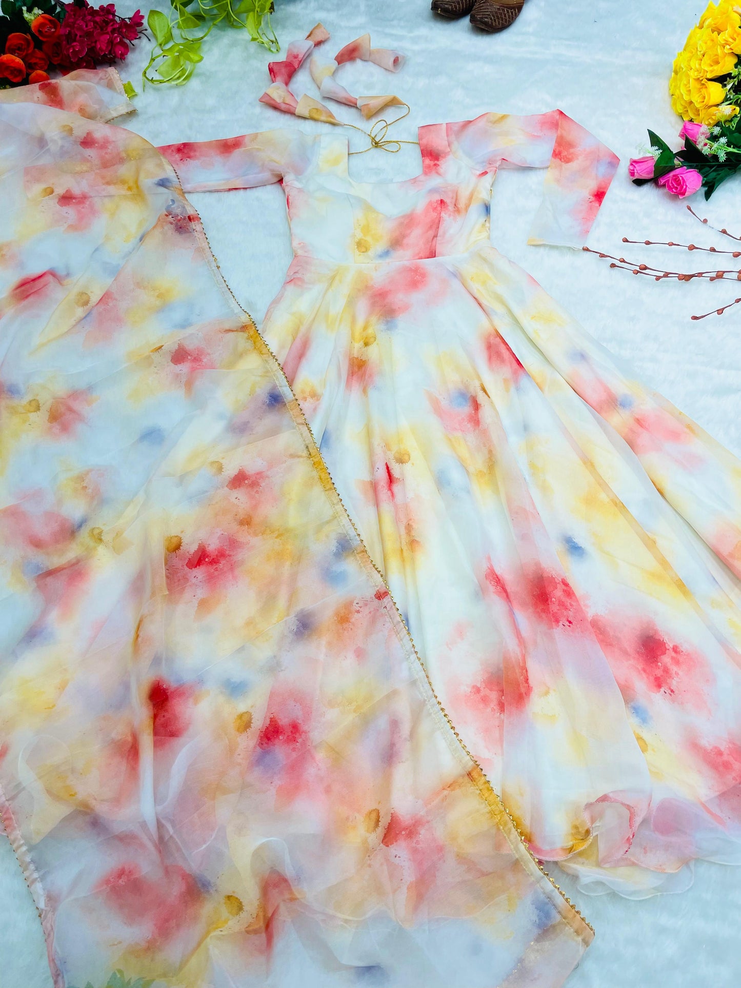Elegant White Color Shibori Print Designer Gown