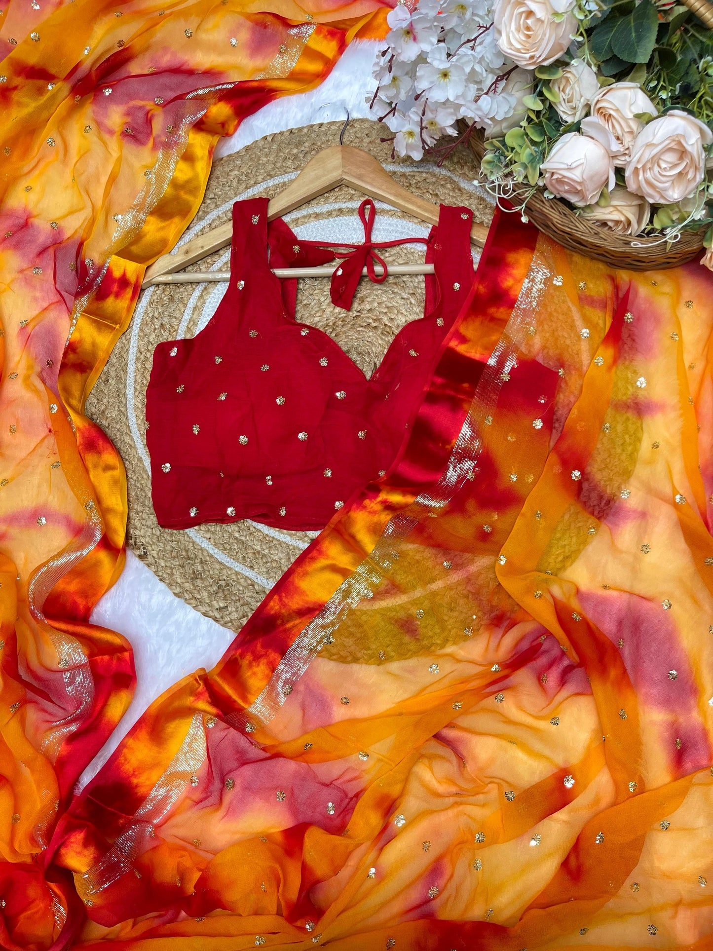 Sequence Work Butti Work Shibori Print Orange Saree