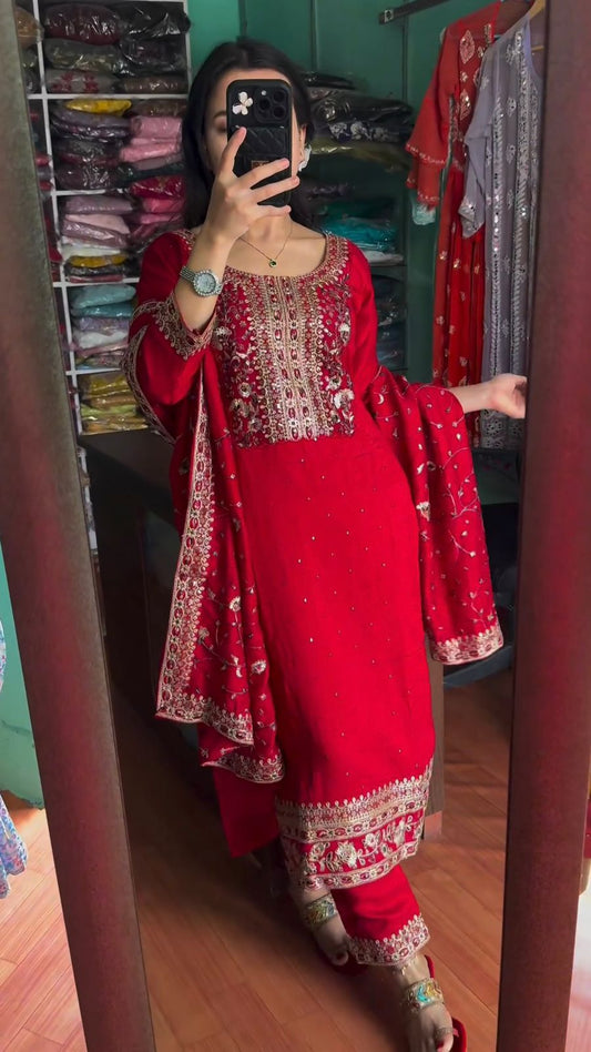 Stylish Embroidery Work Red Color Salwar Suit