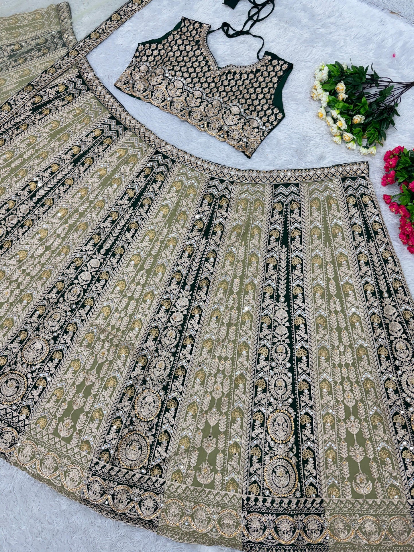 Pretty Pista With Black Mirror Hand Work Lehenga Choli