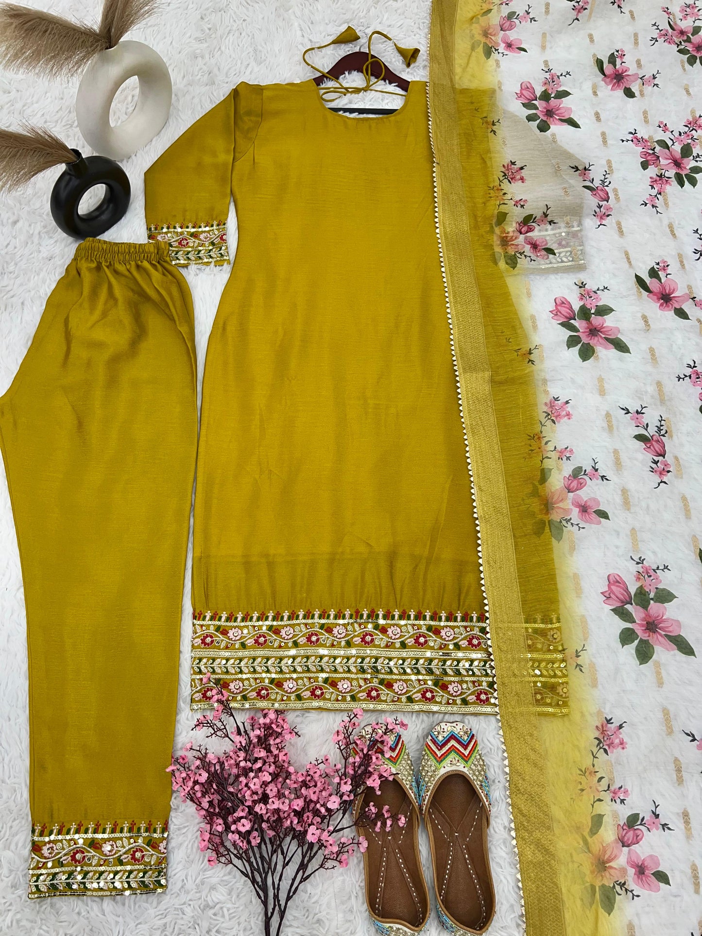 Mustard Heavy Embroidery Sequence Work Kurti Set