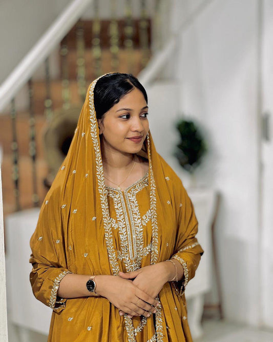 Attractive Yellow color Embroidery Sequence Work