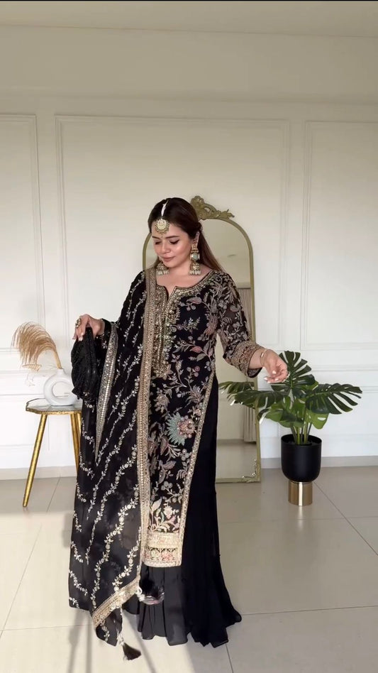 Exclusive Black Color Gorgette Sequence Work Sharara Suit