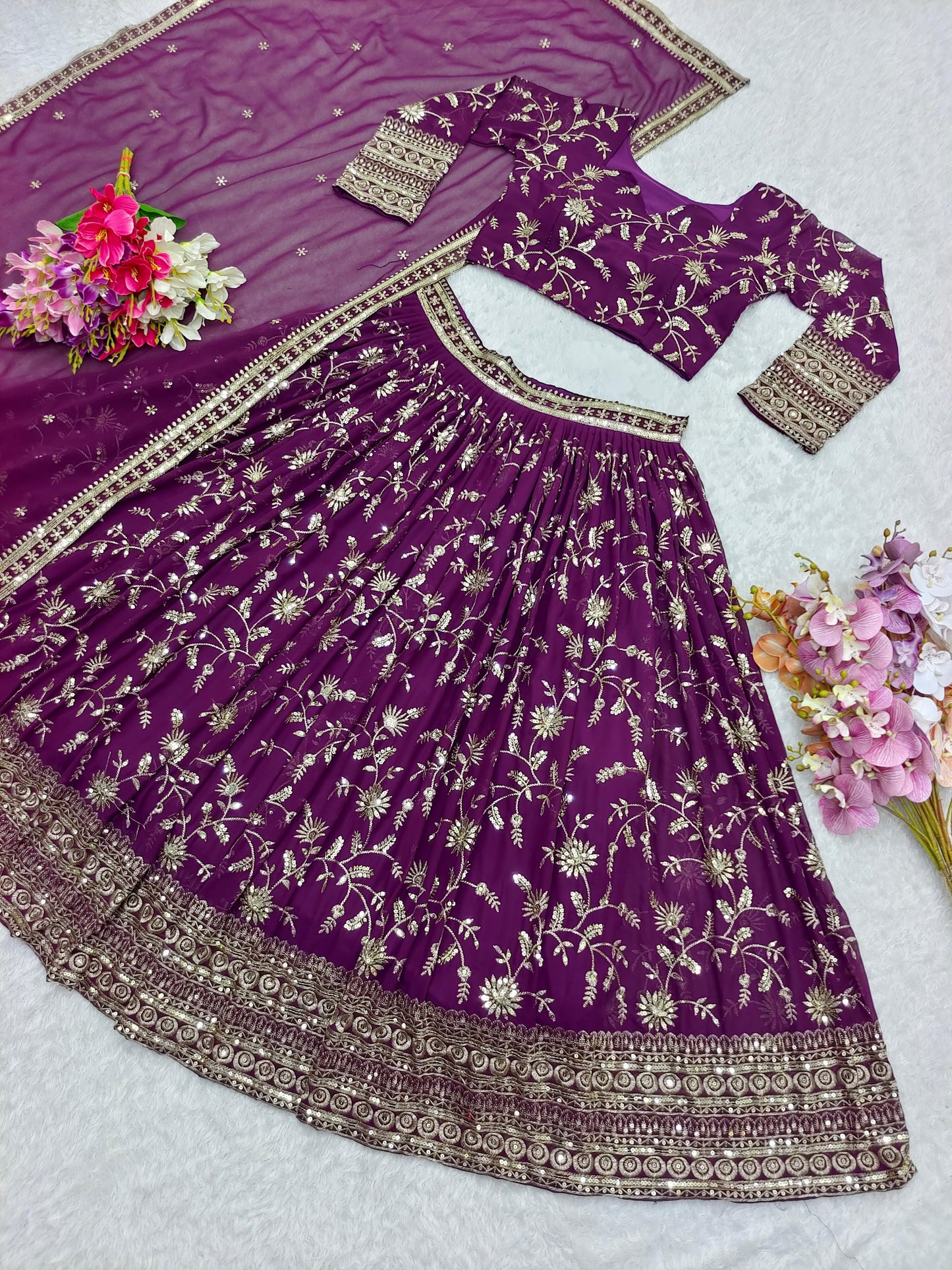 Designer Heavy Fox Georgette Puple Color Sequins Work Designer Lehenga Choli