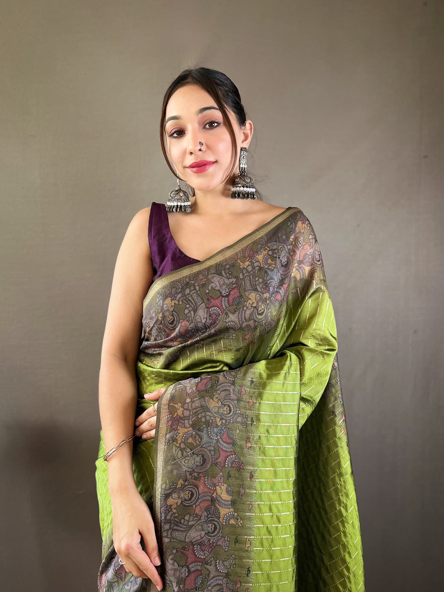 Traditional Digital Print Mehndi Color Chanderi Silk Saree