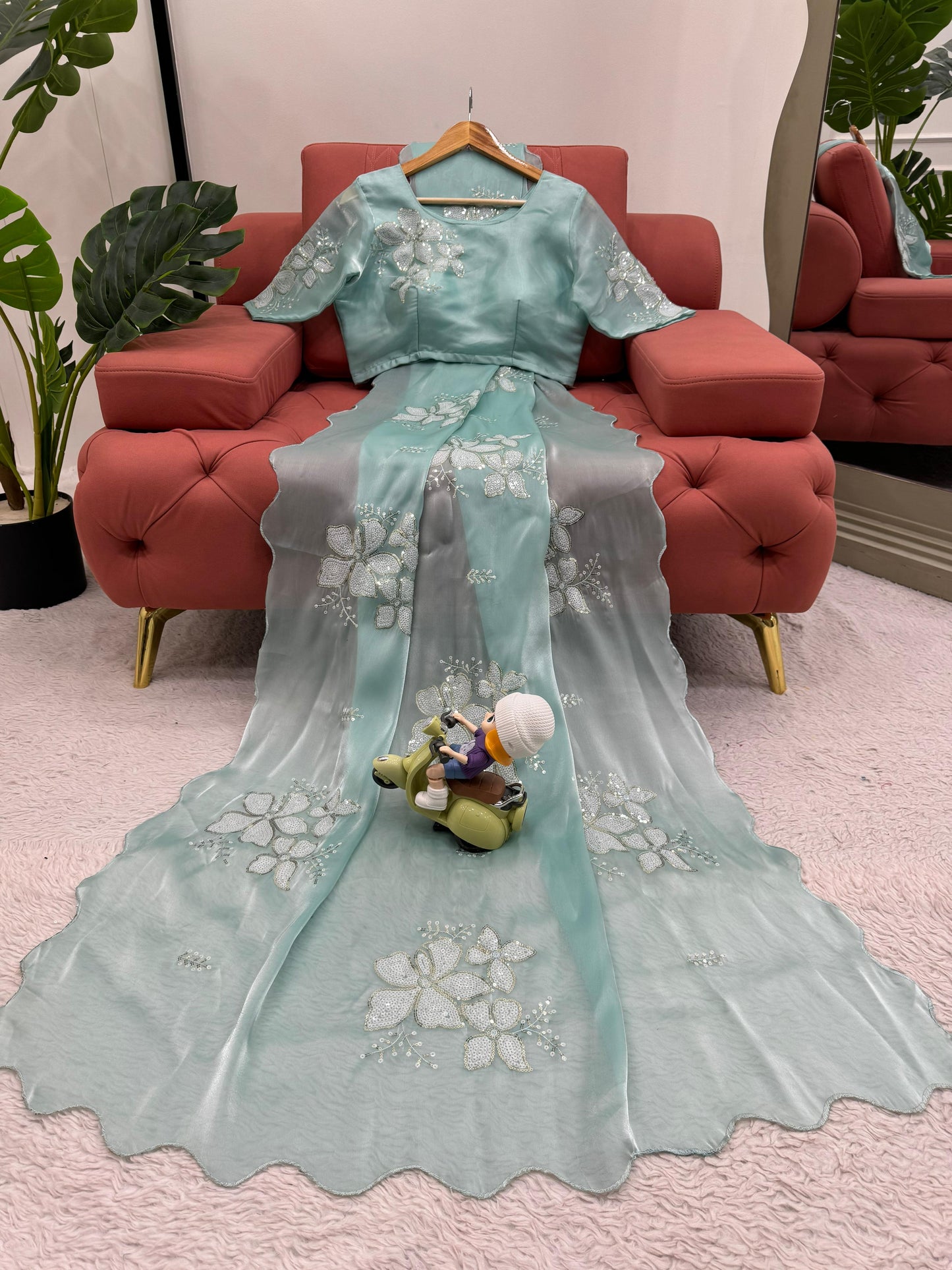Festive Wear Aqua Green Color Jimmy Chu And Sequence Work Saree